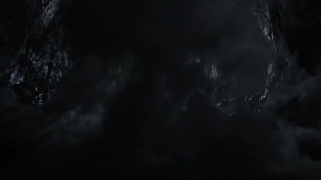 Dark underground cavern with mystical fog and stalactites