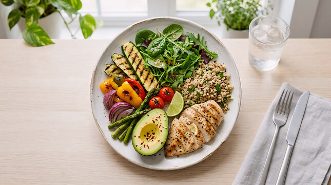 Healthy Grilled Chicken and Vegetable Bowl: A vibrant and delicious meal featuring grilled chicken breast, fresh avocado, asparagus, bell peppers, red onion, cherry tomatoes, and a side salad.