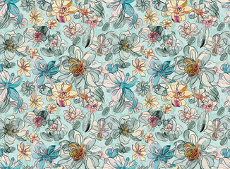 seamless, repeating floral pattern featuring watercolor-style illustrations with sketchy black outlines. © VVLEVEL+