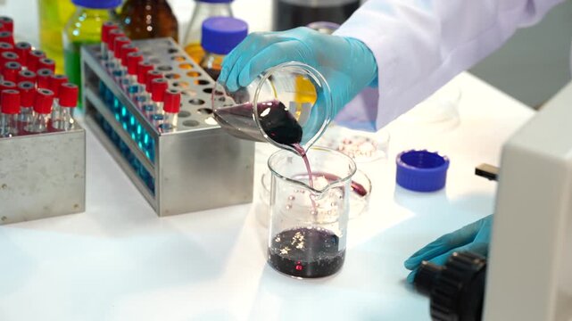 Scientist wearing gloves pours dark liquid into a beaker in a laboratory with test tubes, bottles, and scientific equipment.