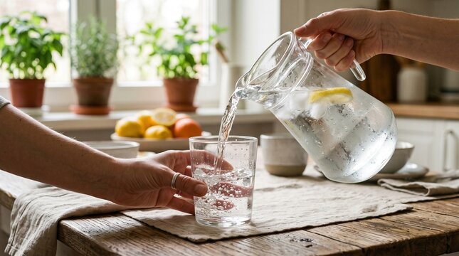 Refreshing Pour: A hand elegantly pours crystal-clear water with lemon slices from a glass pitcher into a waiting glass, set against a rustic kitchen backdrop adorned with potted plants and fruit.