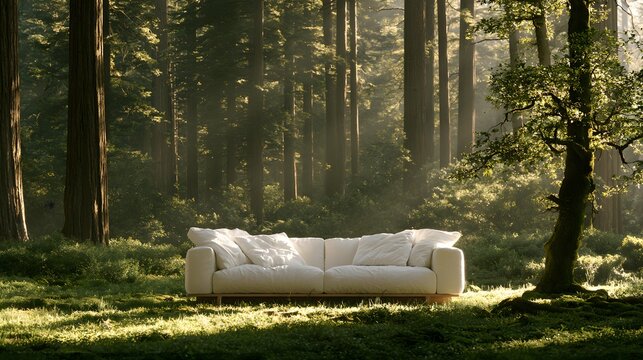 White sofa placed in a peaceful forest clearing.
