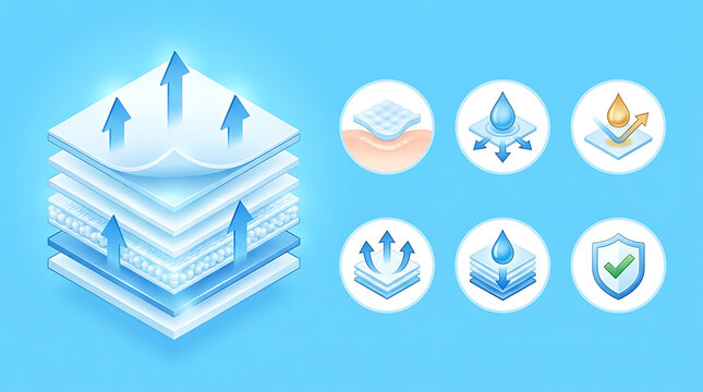 Absorbent material layers and breathable fabric protection properties vector icons set