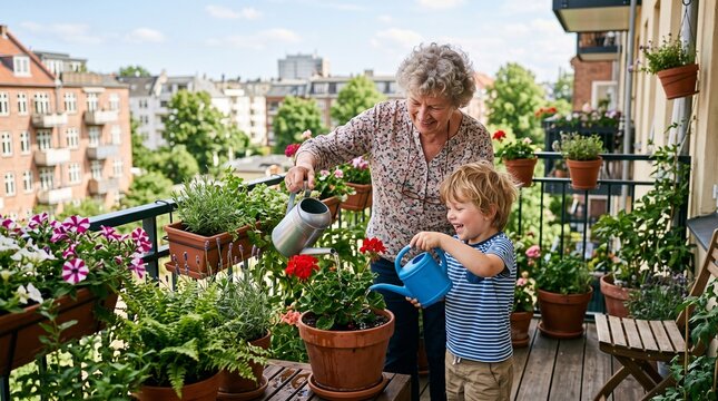 Gardening Together: A grandmother and grandson bond over tending to a vibrant balcony garden, watering potted plants with joy and care.