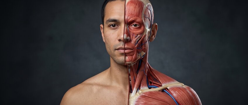 Photorealistic Half-Body Human Anatomy Portrait With Muscles