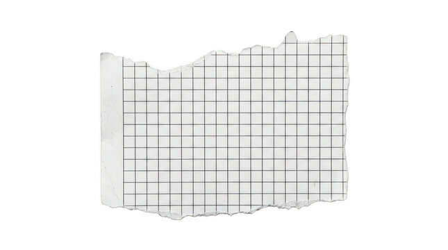 Torn piece of white grid notebook paper with ripped edges isolated on transparent background