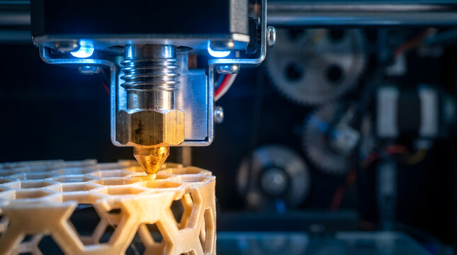 Macro View of 3D Printer Nozzle Creating Honeycomb Structure with Blue LED Light