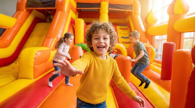 Happy children jumping and playing on a large orange inflatable bouncy castle at an indoor playground