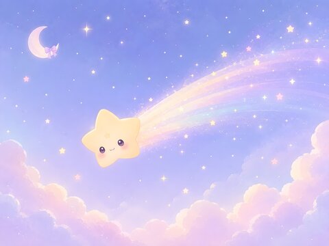 Kawaii starry night with pastel clouds