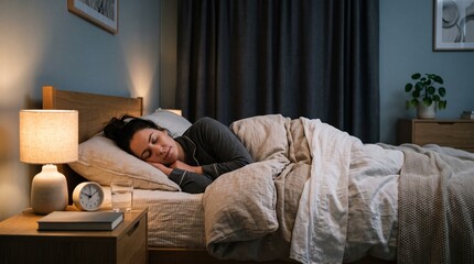 Fototapeta premium Peaceful Slumber: A woman sleeps soundly in a cozy bedroom, bathed in the soft, warm light of a bedside lamp, embodying tranquility and restful repose.