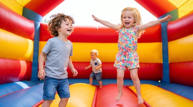 Happy Children Playing and Jumping Together Inside a Colorful Inflatable Bouncy Castle at a Party