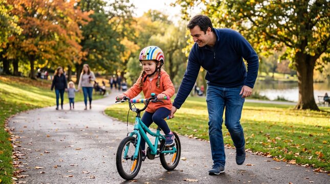 Father Teaching Daughter to Ride Bicycle