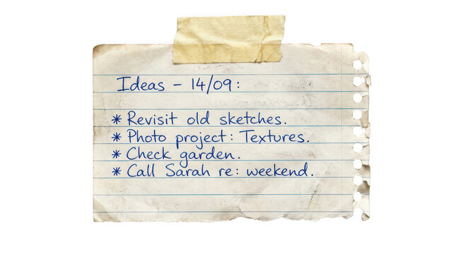 Vintage torn lined paper note with handwritten text isolated on transparent background