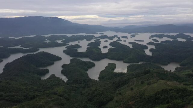 Breathtaking drone footage of Ta Dung Lake, known as the Ha Long Bay of the Central Highlands, Dak Nong, Vietnam.