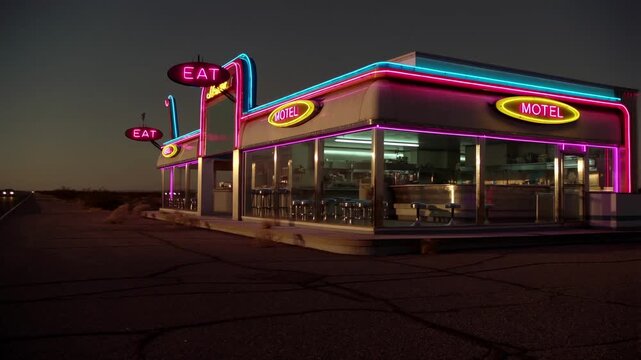 Retro neon motel restaurant exterior nighttime drive by panorama with showcasing vibrant signage inviting outdoor seating area camera smoothly glides past