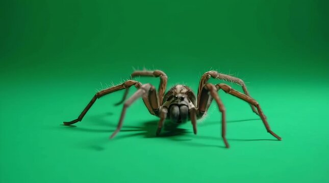 Close-up of a large tarantula spider crawling on a vibrant green screen background.