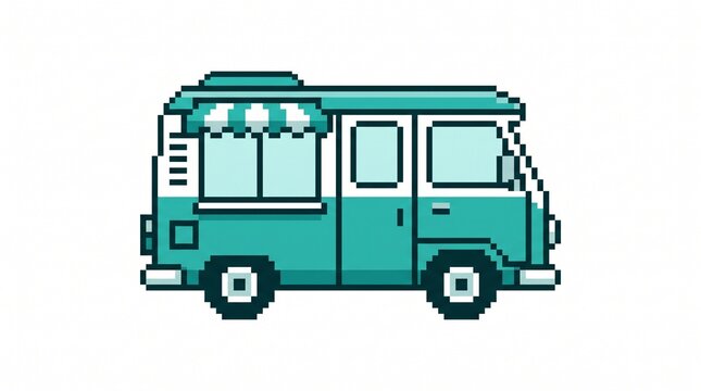 8-bit pixel art of a vintage teal and white camper van vehicle game asset isolated on white.