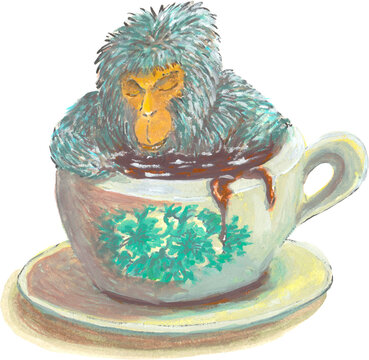 Japanese snow monkey relaxing in traditional Malaysian kopitiam cup of white coffee onsen style gouache illustration