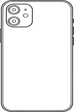 Smartphone reverse side vector sketch depicts a dual camera housing situated in the upper corner alongside a flash element on a smooth minimalist back panel for clean graphic design layouts.