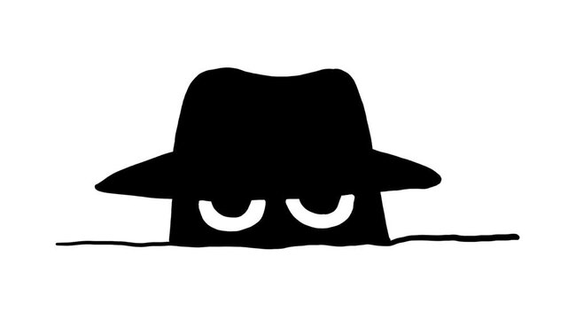 A silhouette animation of a spy glancing left and right against a white background.