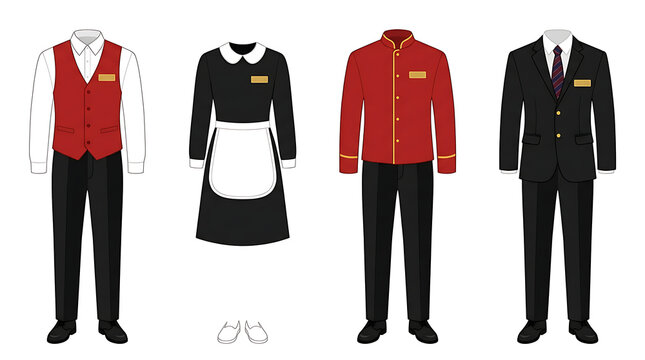 Hotel staff uniforms vector illustration including waiter maid bellhop and receptionist