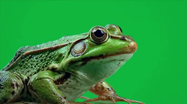 Close-up of a green frog on a vibrant green background, showcasing its unique skin texture and large eyes.
