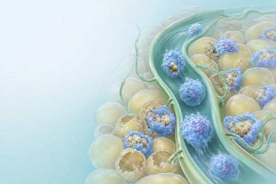 Macrophages clearing dead fat cells through lymphatic tissue