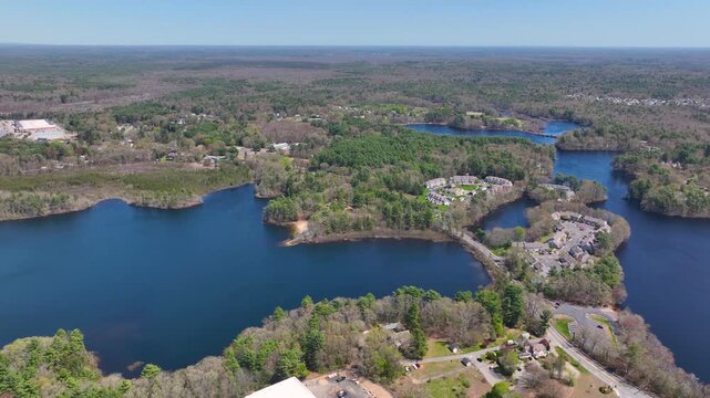 Watson Pond and Lake Sabbatia aerial view in spring in Watson Pond State Park in city of Taunton, Bristol County, Massachusetts MA, USA. 