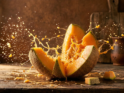 Cantaloupe splash dramatic fruit explosion in high speed photography