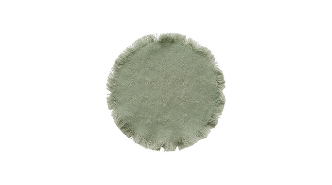 Round sage green woven linen coaster with frayed edges isolated on transparent background