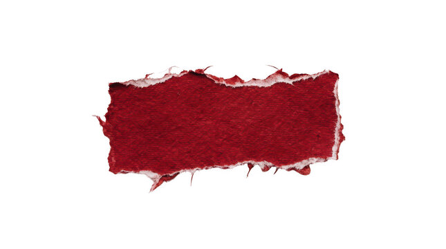 Torn red paper scrap with rough fibrous edges isolated on transparent background
