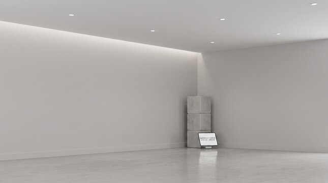 Minimalist white empty room interior with concrete blocks stack and small sign on floor, modern architectural design, clean space, industrial style decor, gallery exhibition setup