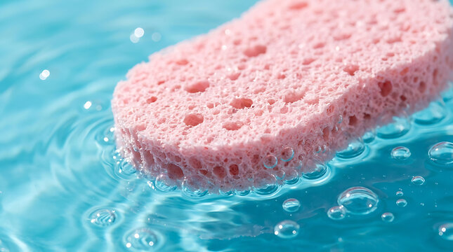 Pink sponge floating in blue water with ripples and bubbles, close-up shot