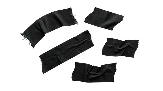 Set of black fabric tape strips with frayed edges isolated on transparent background