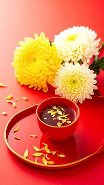 金箔を浮かべたお祝いの赤い杯と黄色と白の菊の花　重陽の節句や和の祝い事を演出する華やかな和風背景素材　チラシや年賀状にも活用できるコピースペースのある洗練された伝統行事のイメージ写真