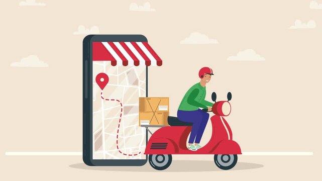 Online food ordering and fast delivery service with mobile application and courier riding scooter carrying parcels dynamic motion footage.