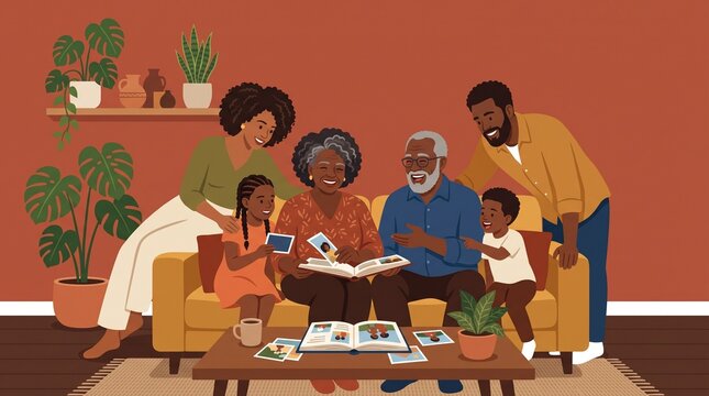 Multi generational African American family looking at photo album together