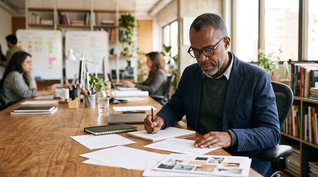 Mature Black man working at desk in modern office with colleagues in background