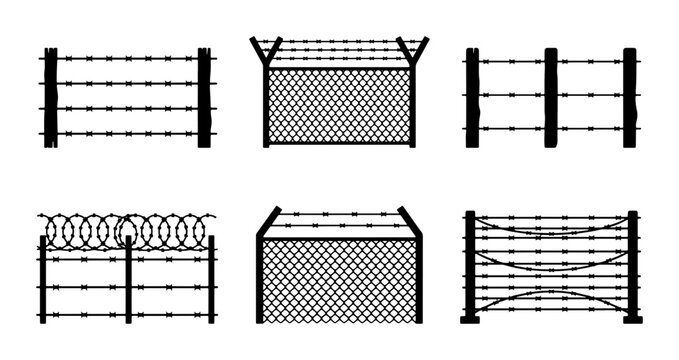 Security Fence Icons, Barbed Wire Barriers, Chain Link Protection, Vector Elements