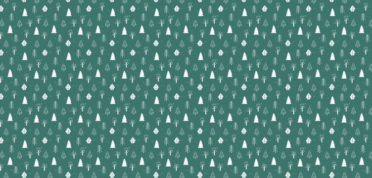 Detailed seamless wallpaper shows an intricate layout of small geometric pine trees and subtle winter motifs on a dark green surface.