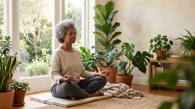 Senior Black woman meditating peacefully indoors surrounded by lush green plants