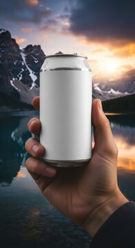A hand holding a blank aluminum drink can at a beautiful sunset