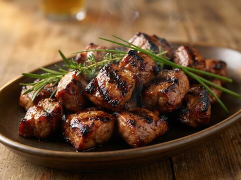 Grilled meat chunks with fresh green herbs served on a dark plate. grill pork tips