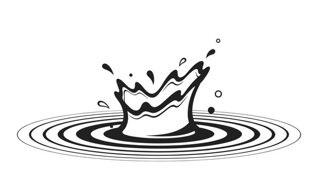 Water splash vector illustration in black and white ink style with concentric ripple circles and falling droplets.