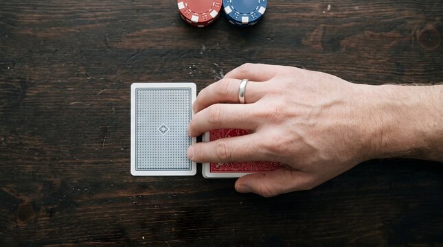 Top view of male hand holding deck of playing cards next to chips on dark wooden table