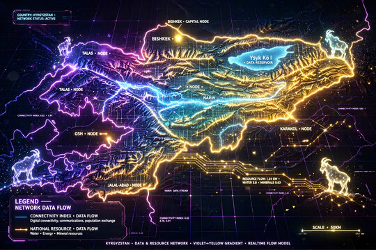 Futuristic Digital Network Map of Kyrgyzstan with Glowing Data Nodes and Topography