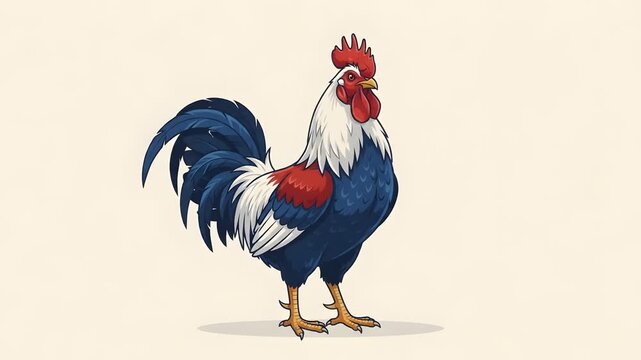 Gallic rooster with blue, white, red plumage symbolizes france. Proud, majestic bird representing national identity. Suitable for frenchthemed designs.