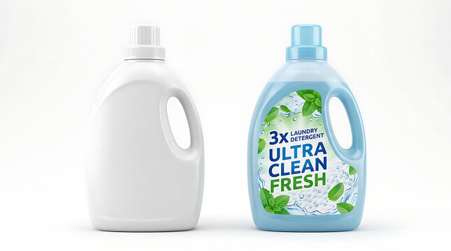 Two laundry detergent bottles for household cleaning one blank white and one with blue liquid label