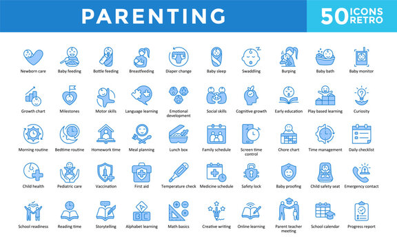 Parenting icons set with newborn care, baby feeding, bottle feeding, breastfeeding, diaper change, baby sleep, swaddling, burping, baby bath, baby monitor icon. Simple retro vector 