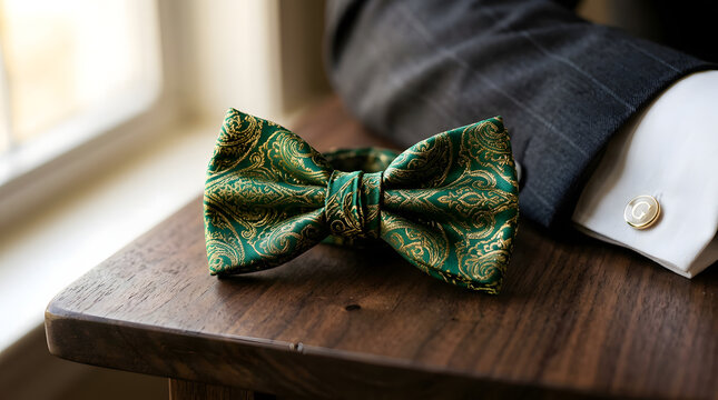 Green patterned bow tie on wooden surface with formal suit sleeve